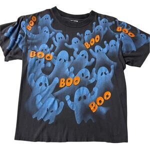 Halloween Ghost Boo Front All Over Print Graphic Vintage T-Shirt Black Small